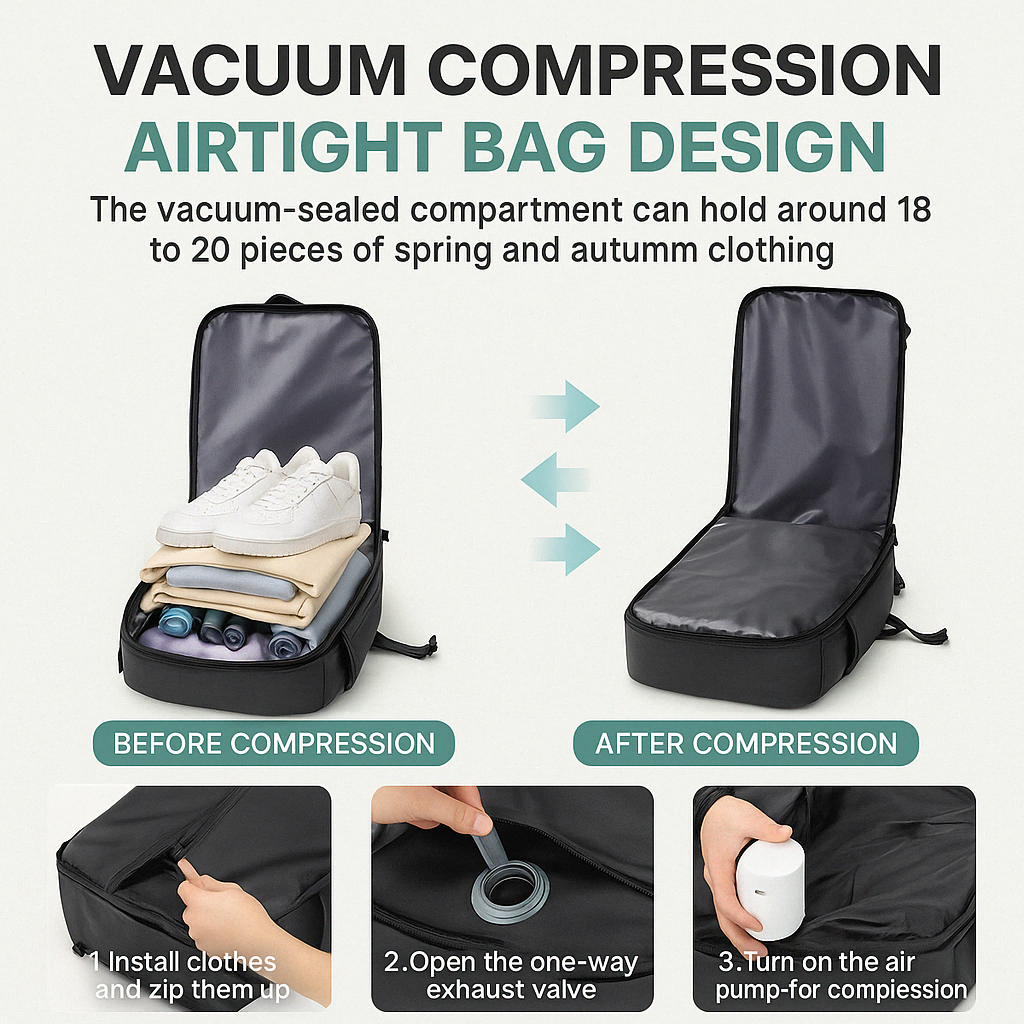 Zyprar™ Travel Smart Carry-On – 15.6″ Laptop Backpack with Integrated Vacuum Pump